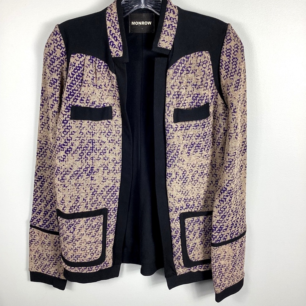 MONROW Tweed Jacket Blazer Women's Small Black Contrast Trim Preppy Career Work